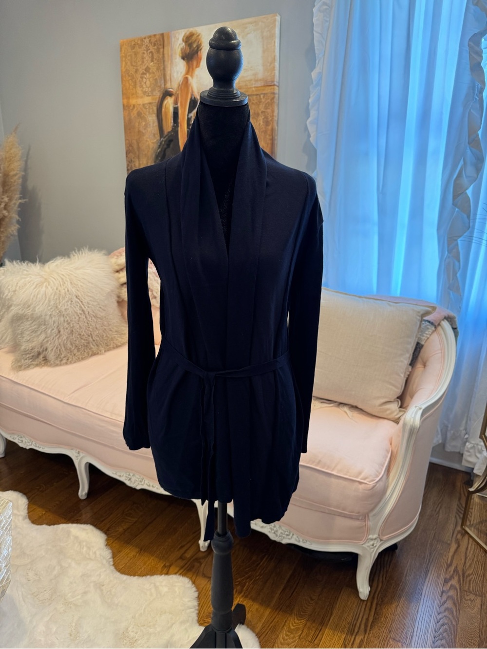 Zara Navy Blue Open Front belted  Knit Cardigan